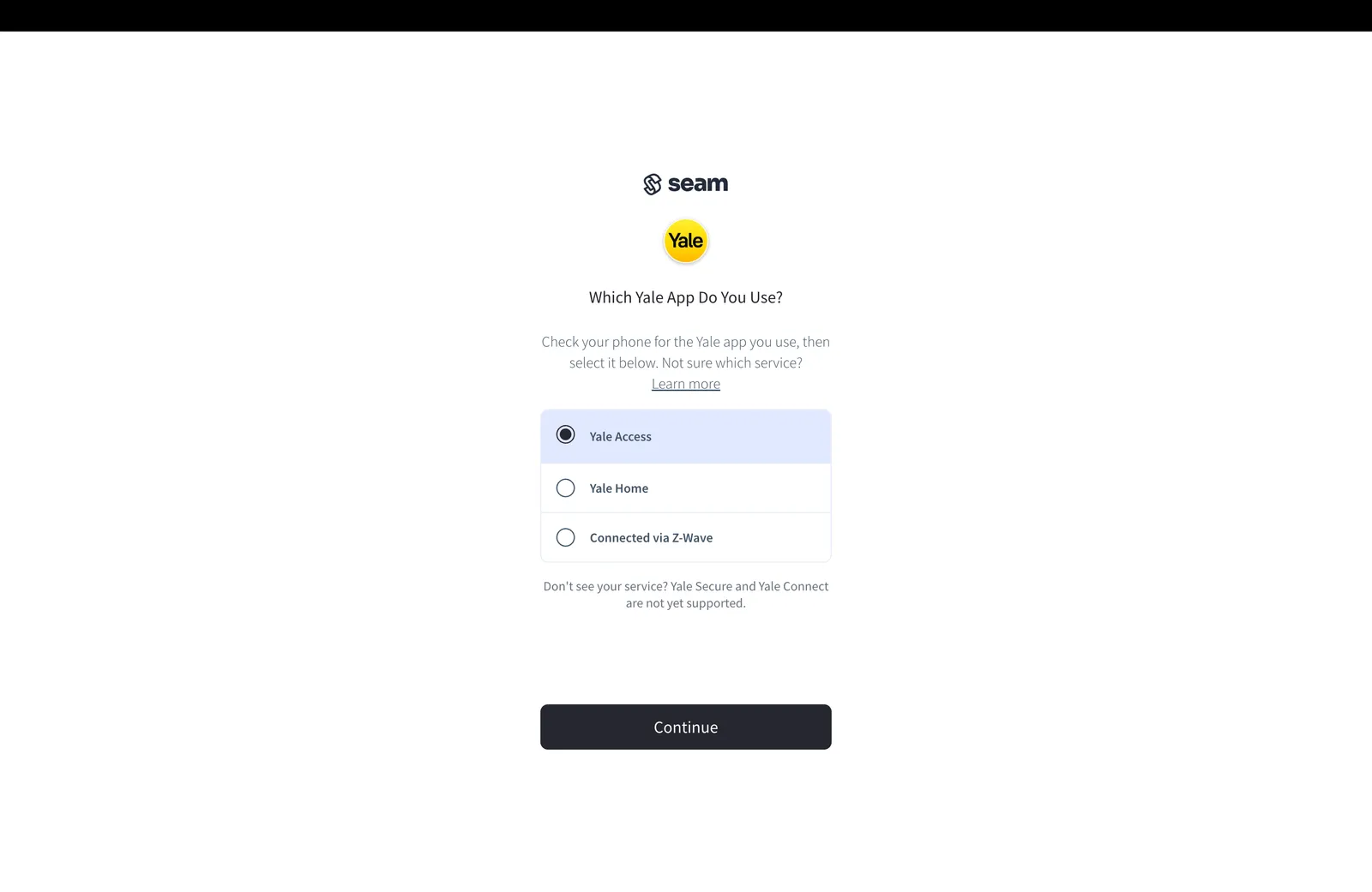 Écran de sélection de l'application Yale (Yale Access, Yale Home, Connected via Z-Wave)