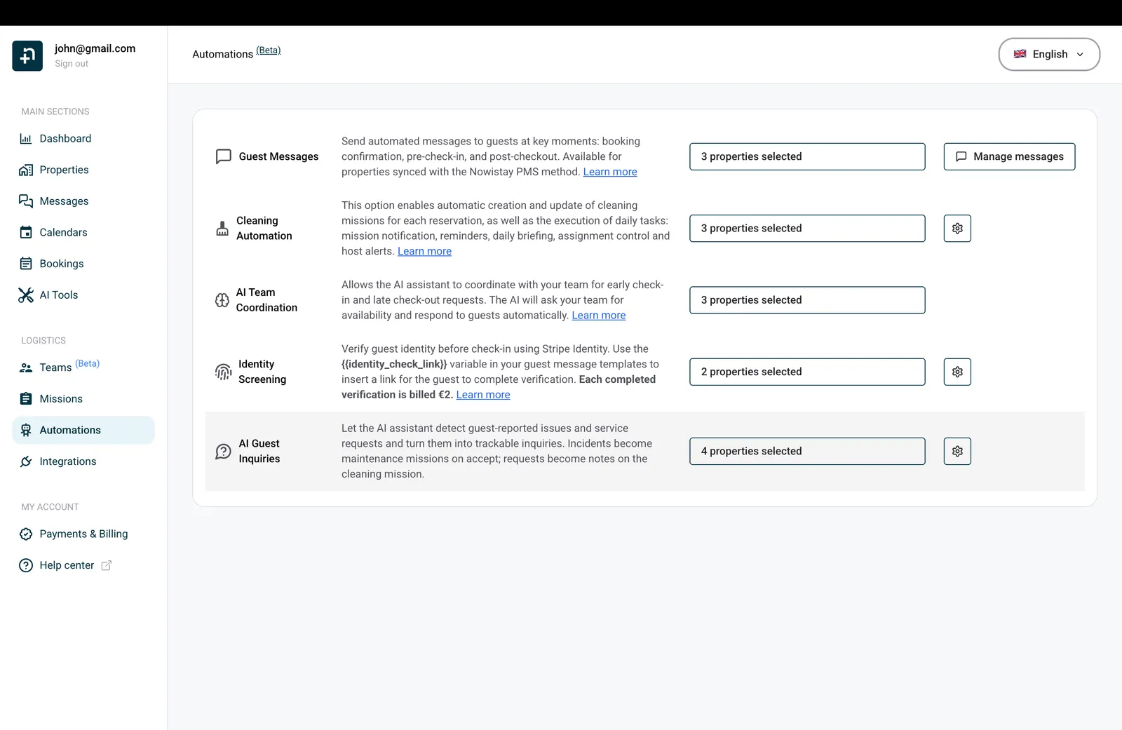 La pagina Automazioni di Nowistay con la scheda dell'automazione Richieste Ospiti IA accanto a Coordinamento del team IA e alle altre automazioni.