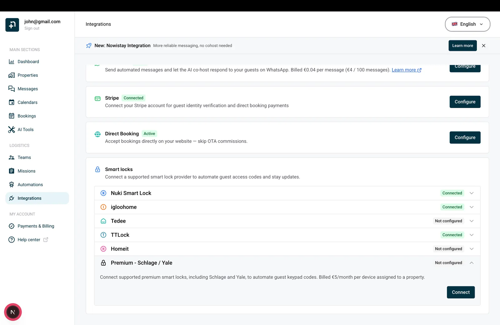 Page Intégrations de Nowistay avec la carte Serrures connectées Premium