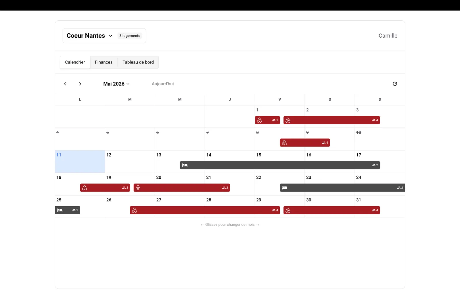 Onglet Calendrier du tableau de bord partagé