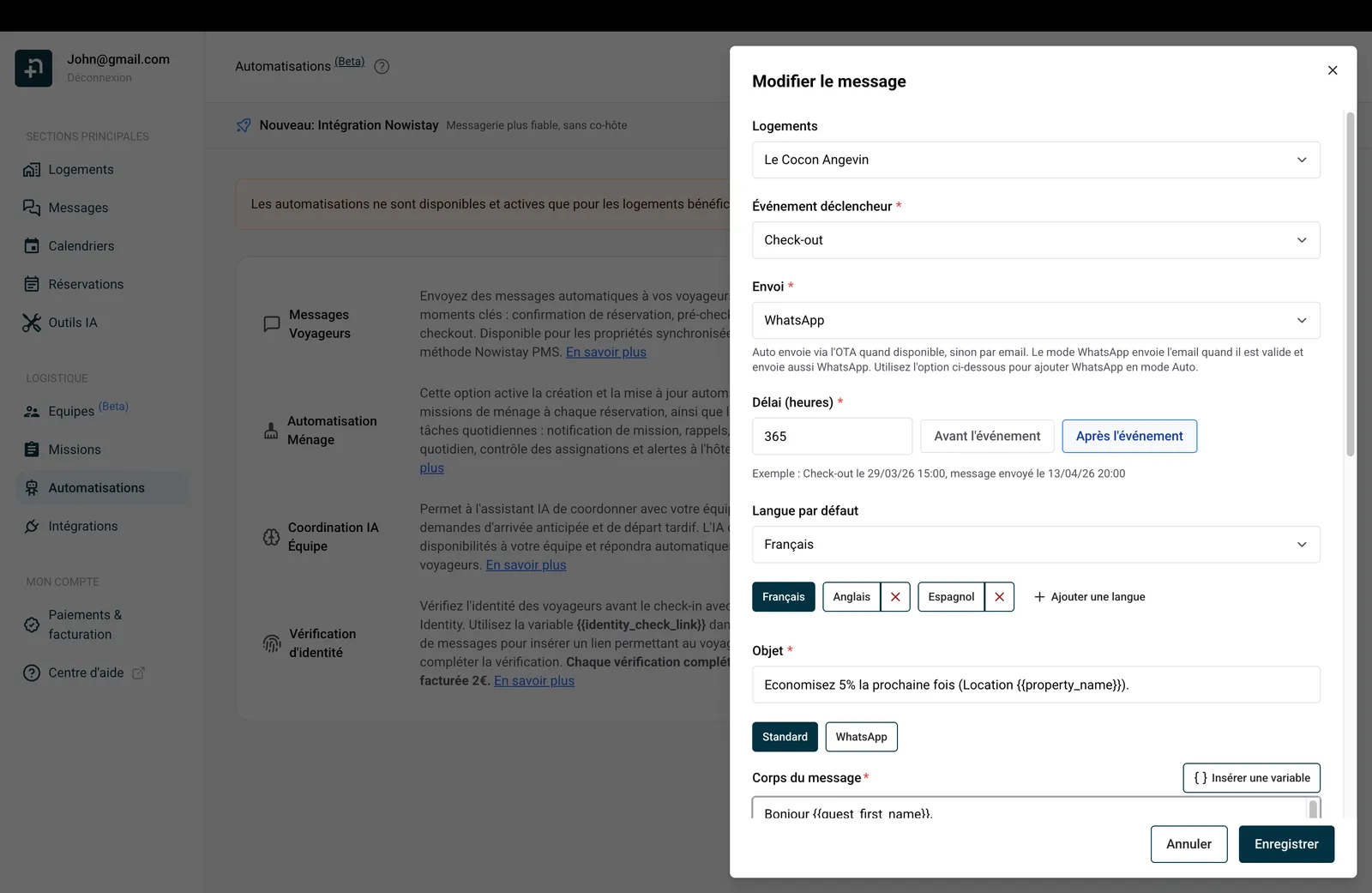 Configuration du message programmé