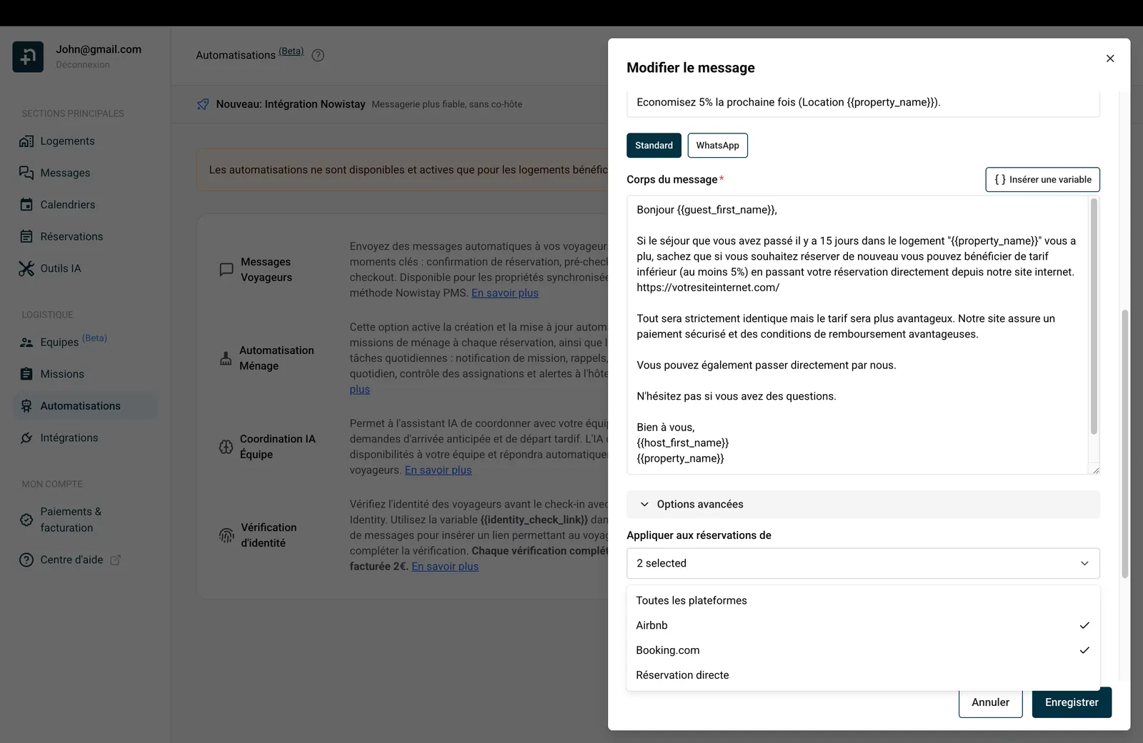 Corps du message avec variables de personnalisation