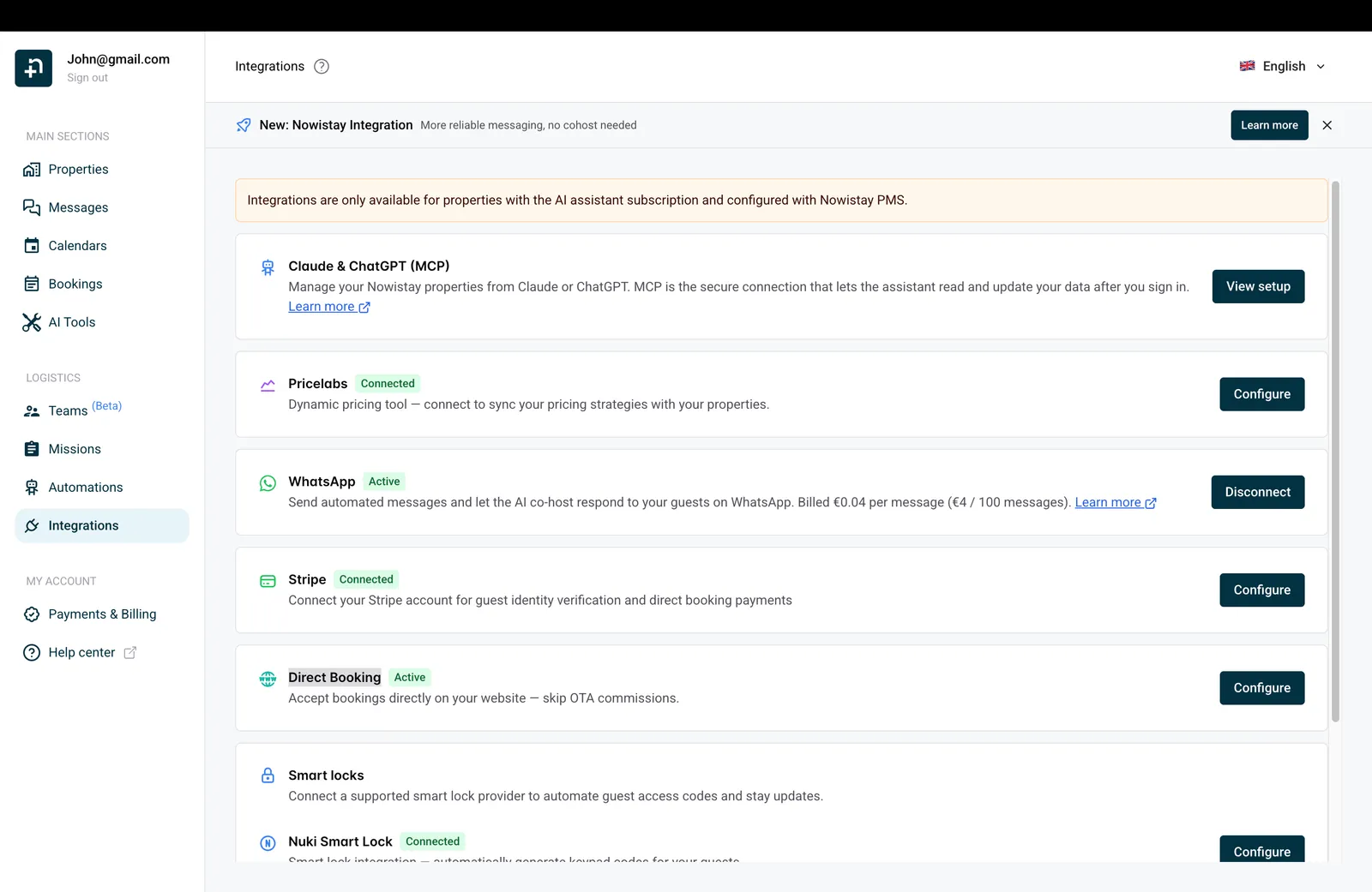 Nowistay integrations page showing Stripe, WhatsApp, Direct Booking and other available integrations
