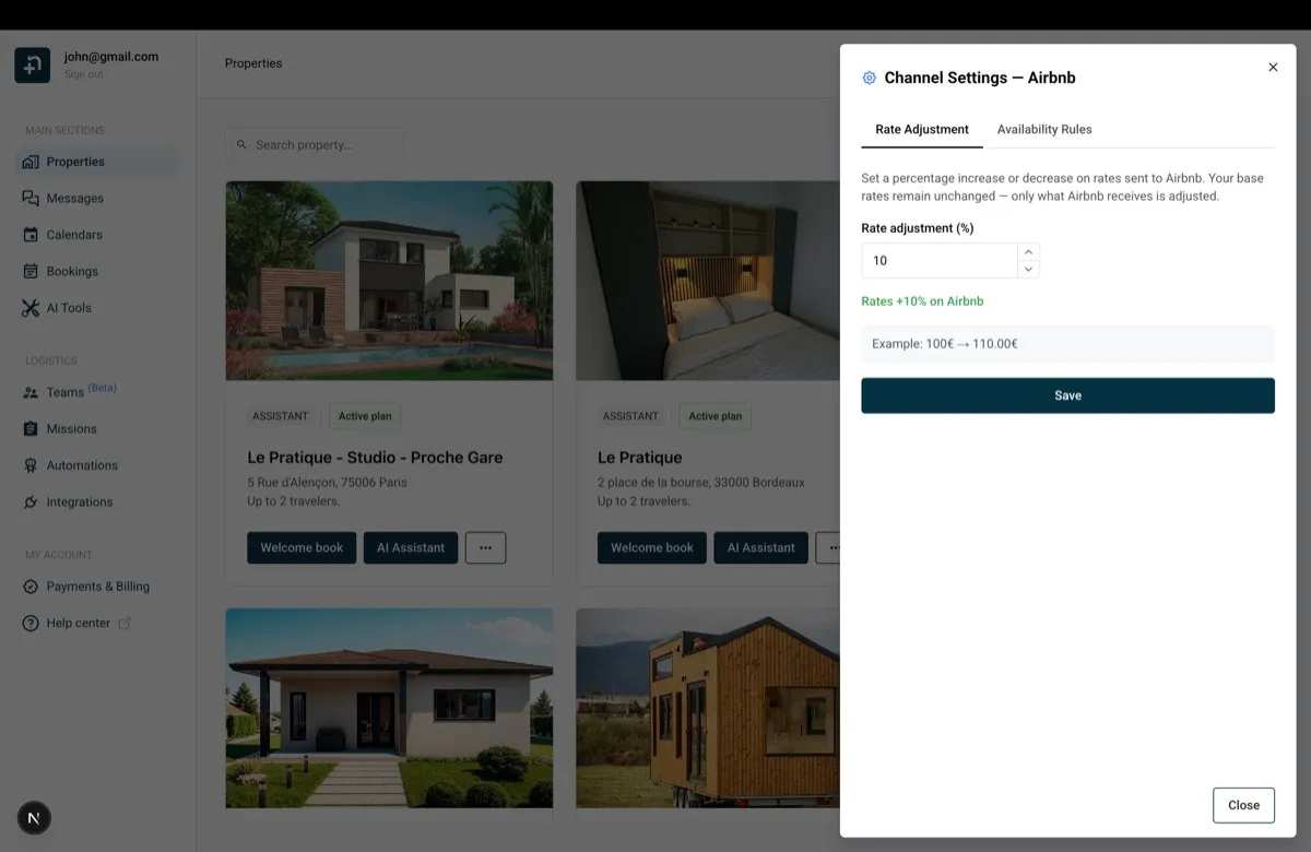 Venster met kanaalinstellingen in Nowistay met het tabblad Tariefaanpassing en een verhoging van 10 procent voor Airbnb