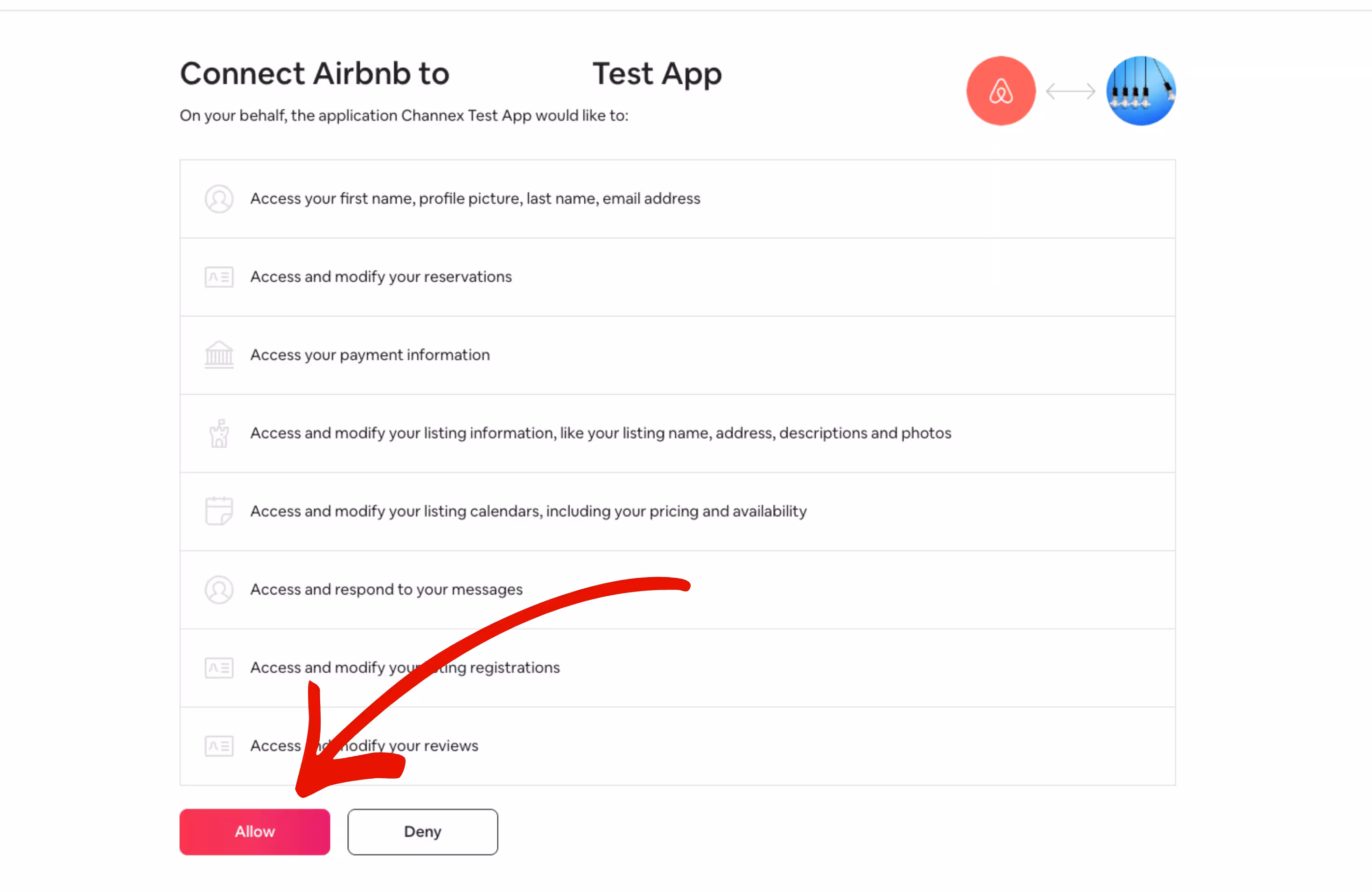 Airbnb authorization page: click Allow to connect Nowistay