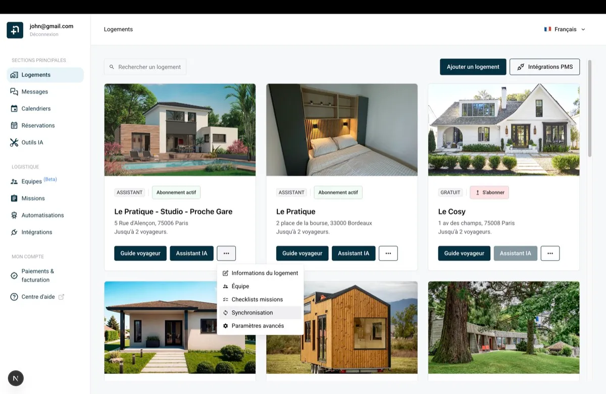 Page des logements Nowistay montrant le menu de la fiche logement avec l'option Synchronisation