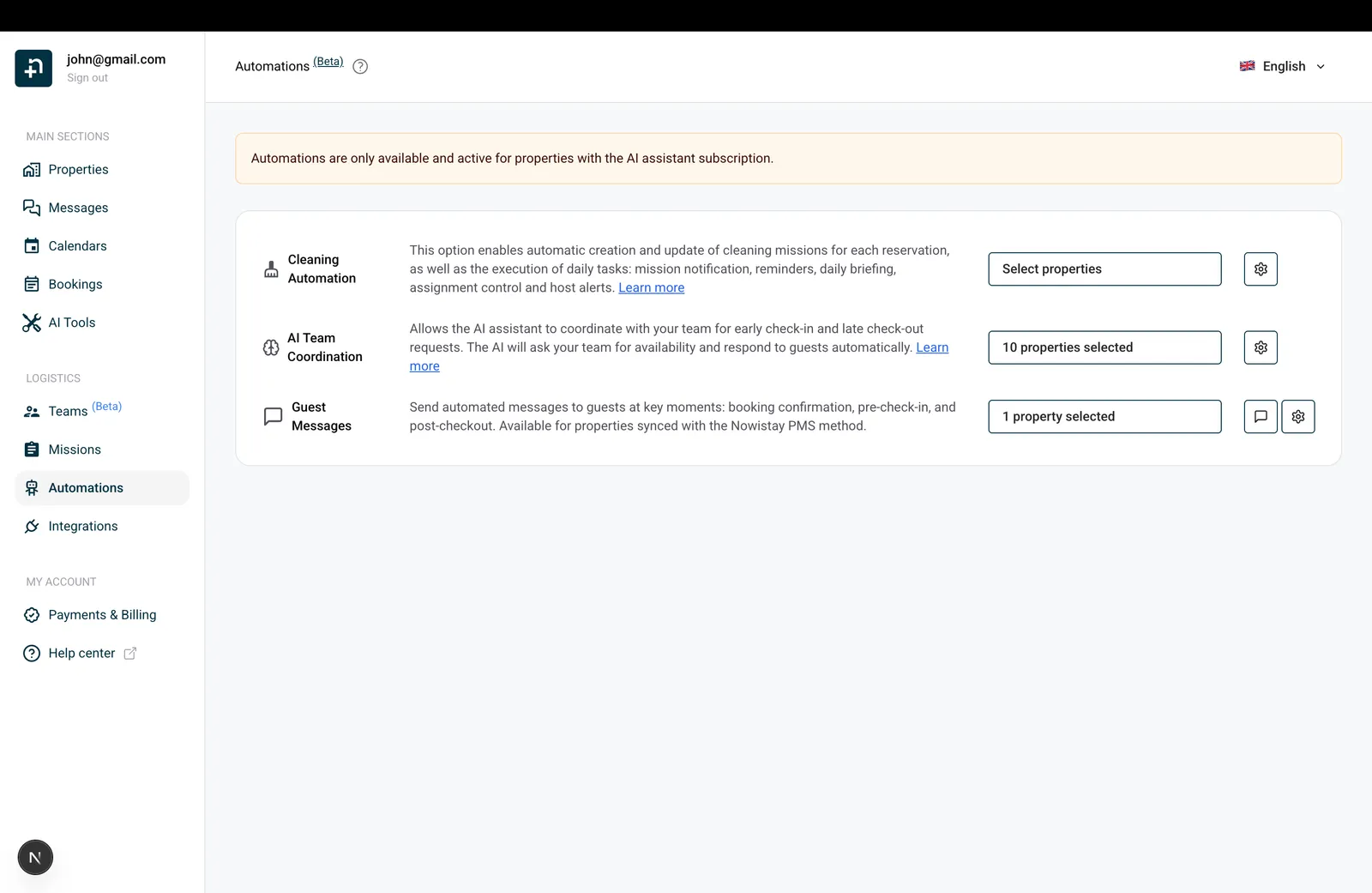 Nowistay-pagina Automatiseringen met drie soorten automatiseringen: Schoonmaakautomatisering, AI-teamcoördinatie en Gastberichten