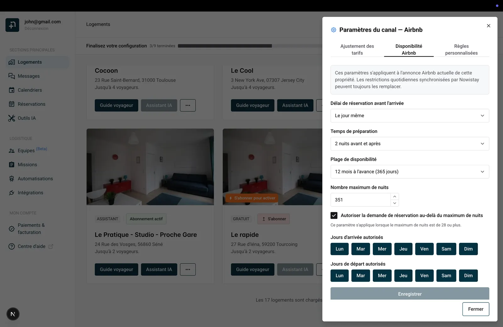 Paramètres du canal Airbnb montrant l'onglet Disponibilité Airbnb avec préavis, temps de préparation, fenêtre de disponibilité, nuits maximum et jours d'arrivée et départ autorisés