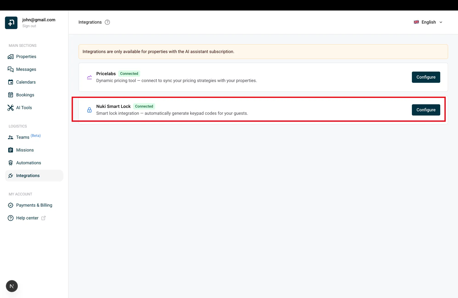 Pagina Integraties van Nowistay met de kaart Nuki Smart Lock