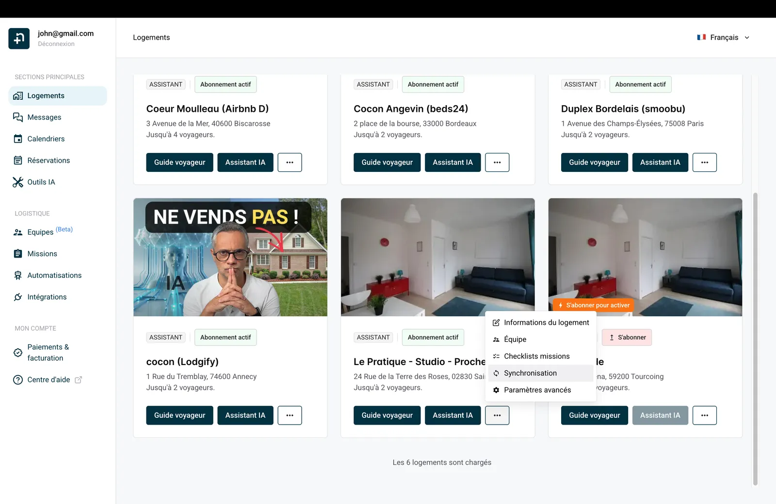 Menu de la fiche logement montrant l’option Synchronisation dans Nowistay