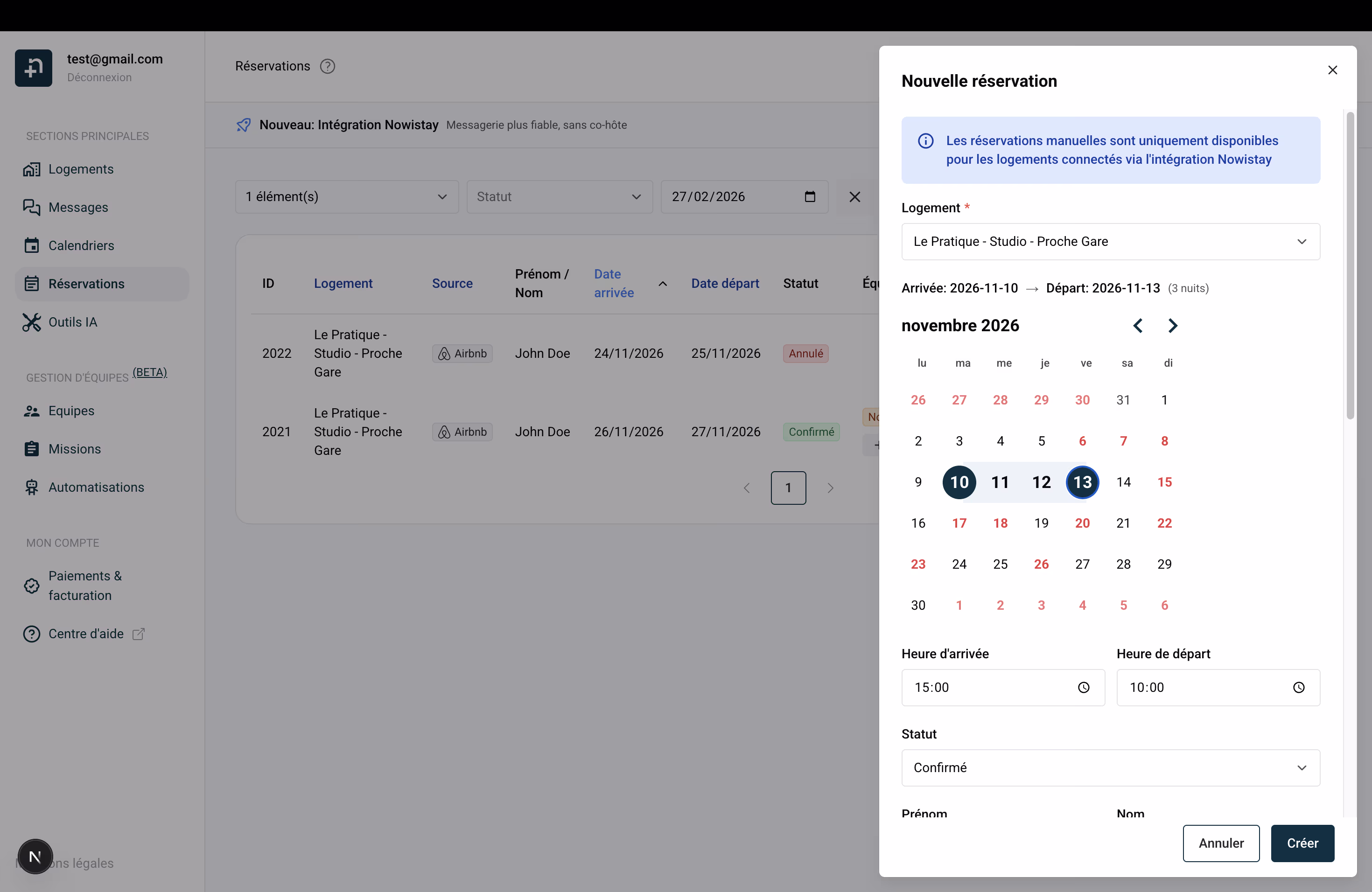 Formulaire de création de réservation sur Nowistay avec informations voyageur, tarification et option de demande de paiement