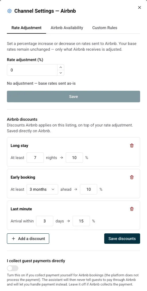 Dialog Kanaleinstellungen mit dem Bereich Airbnb-Rabatte, einem Rabatt für Langzeitaufenthalt, einem Frühbucherrabatt und einem Last-Minute-Rabatt