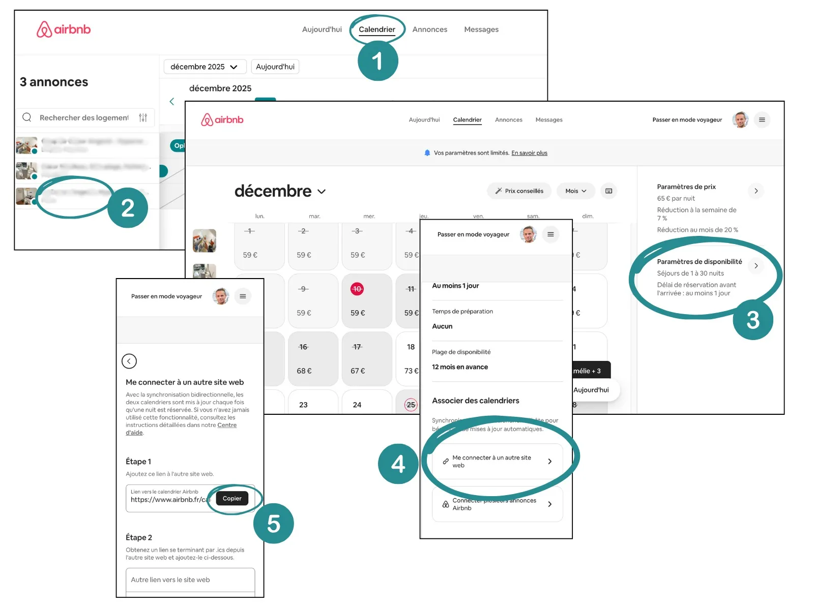 Paramètres de synchronisation du calendrier Airbnb montrant où copier le lien iCal
