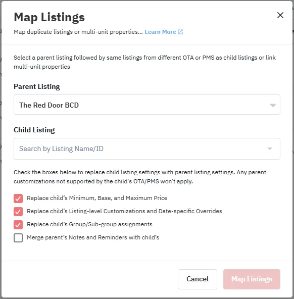 Boîte de dialogue Map Listings de PriceLabs montrant la sélection parent et enfant avec les options de configuration