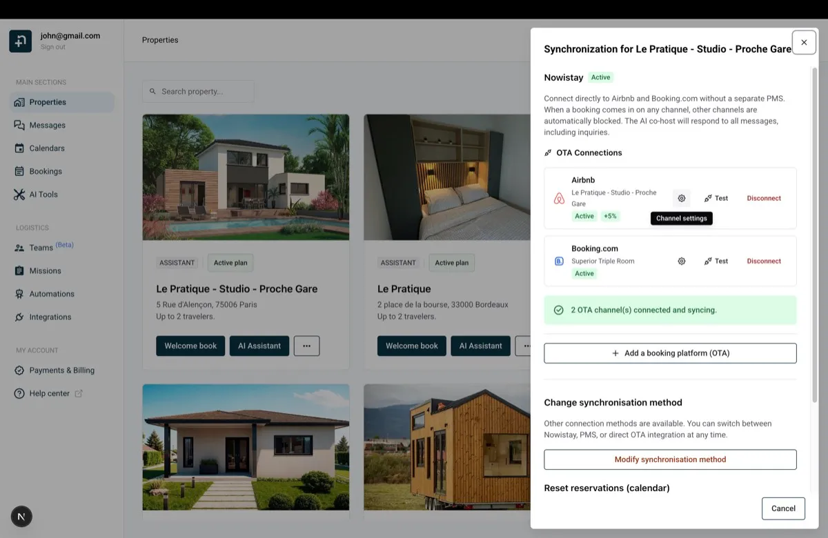 Synchronisatiepaneel van Nowistay met de knop Kanaalinstellingen voor Airbnb