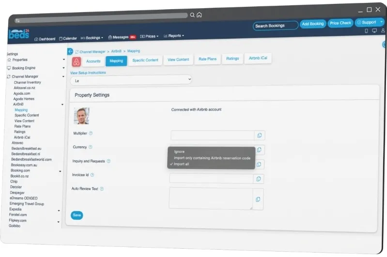 Paramètres de mapping du channel manager Beds24