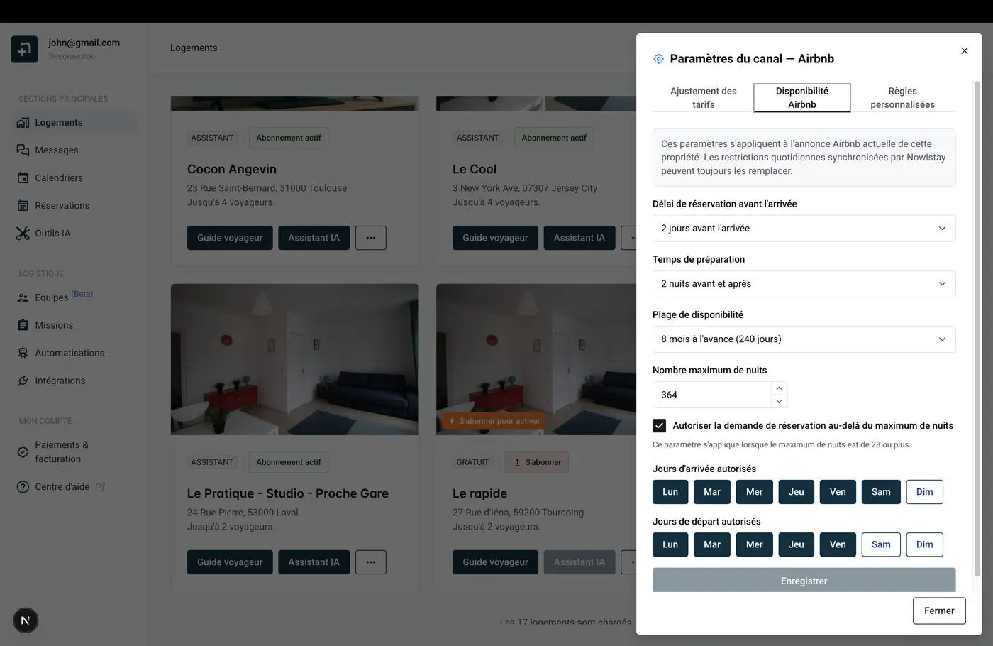 Fenêtre des paramètres du canal montrant l'onglet Disponibilité Airbnb avec toutes les options