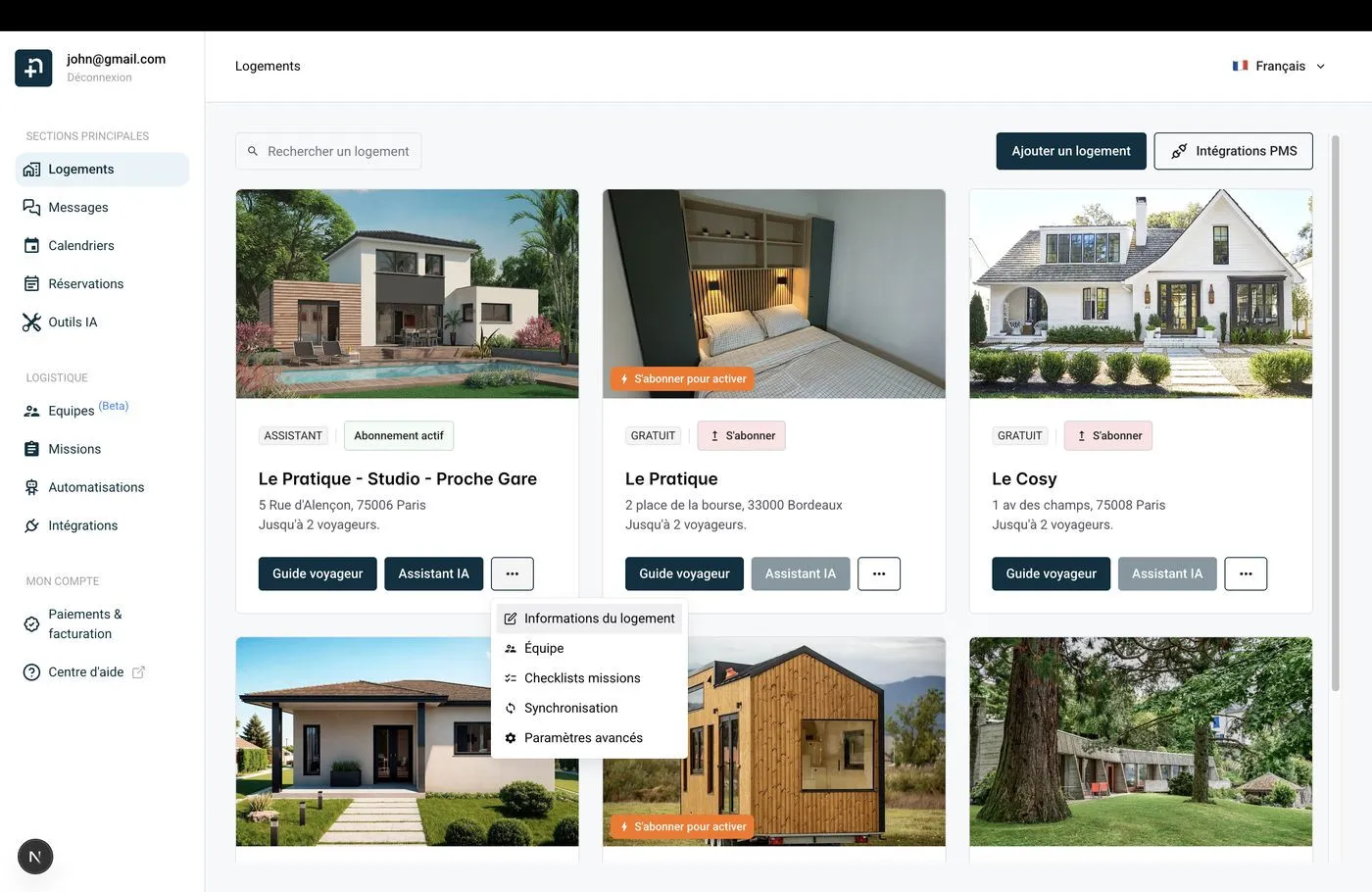 Page des logements montrant le menu trois points avec l'option Informations du logement