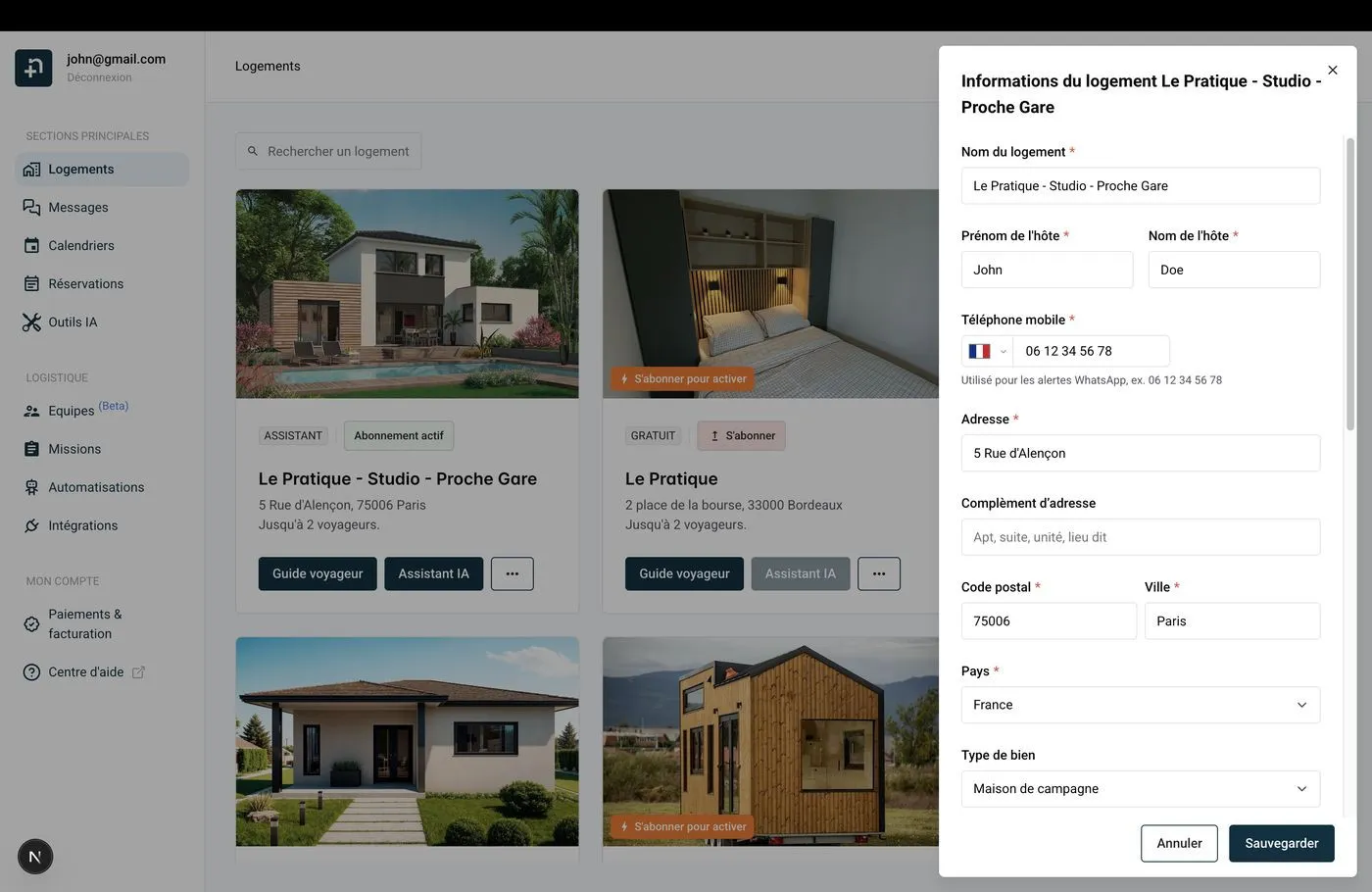Formulaire d'informations du logement montrant le nom, les détails de l'hôte, le téléphone, l'adresse et le type de bien