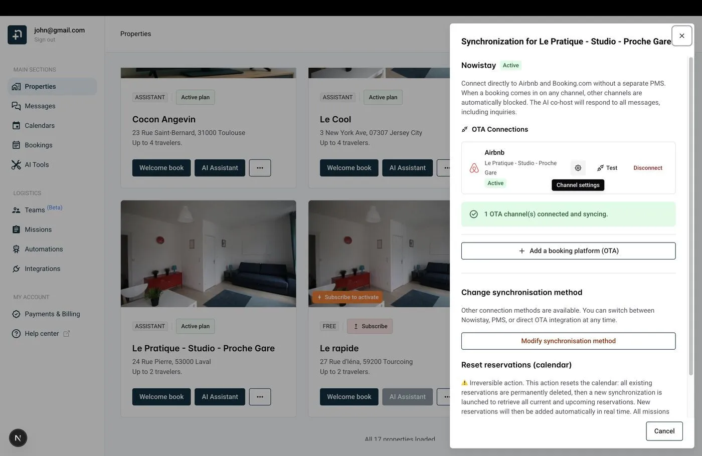 Synchronisierungsfenster mit dem Airbnb-Kanal und der Schaltfläche Kanaleinstellungen