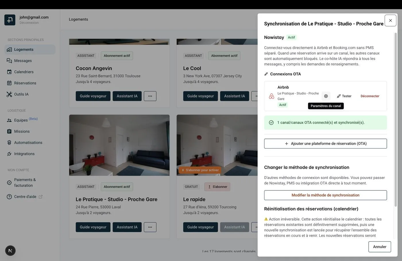 Tiroir de synchronisation montrant le canal Airbnb avec le bouton Paramètres du canal