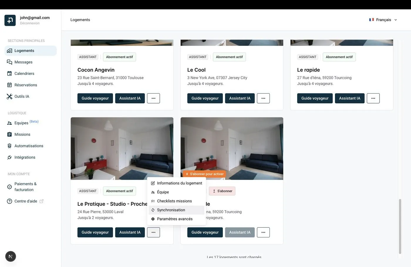 Page des logements montrant le menu trois points avec l'option Synchronisation