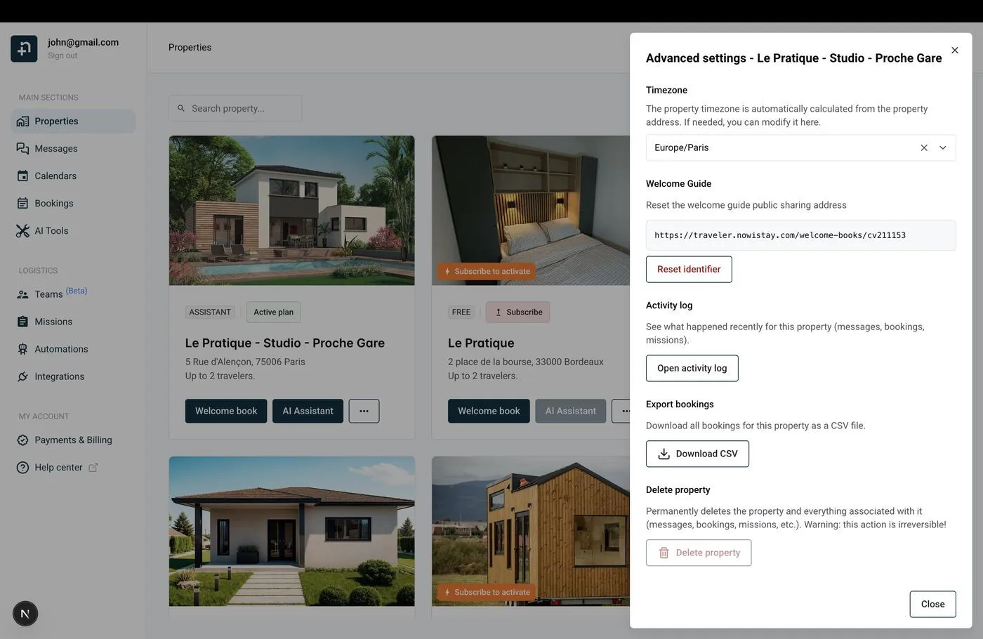 Venster Geavanceerde instellingen met de sectie Boekingen exporteren en de knop CSV downloaden