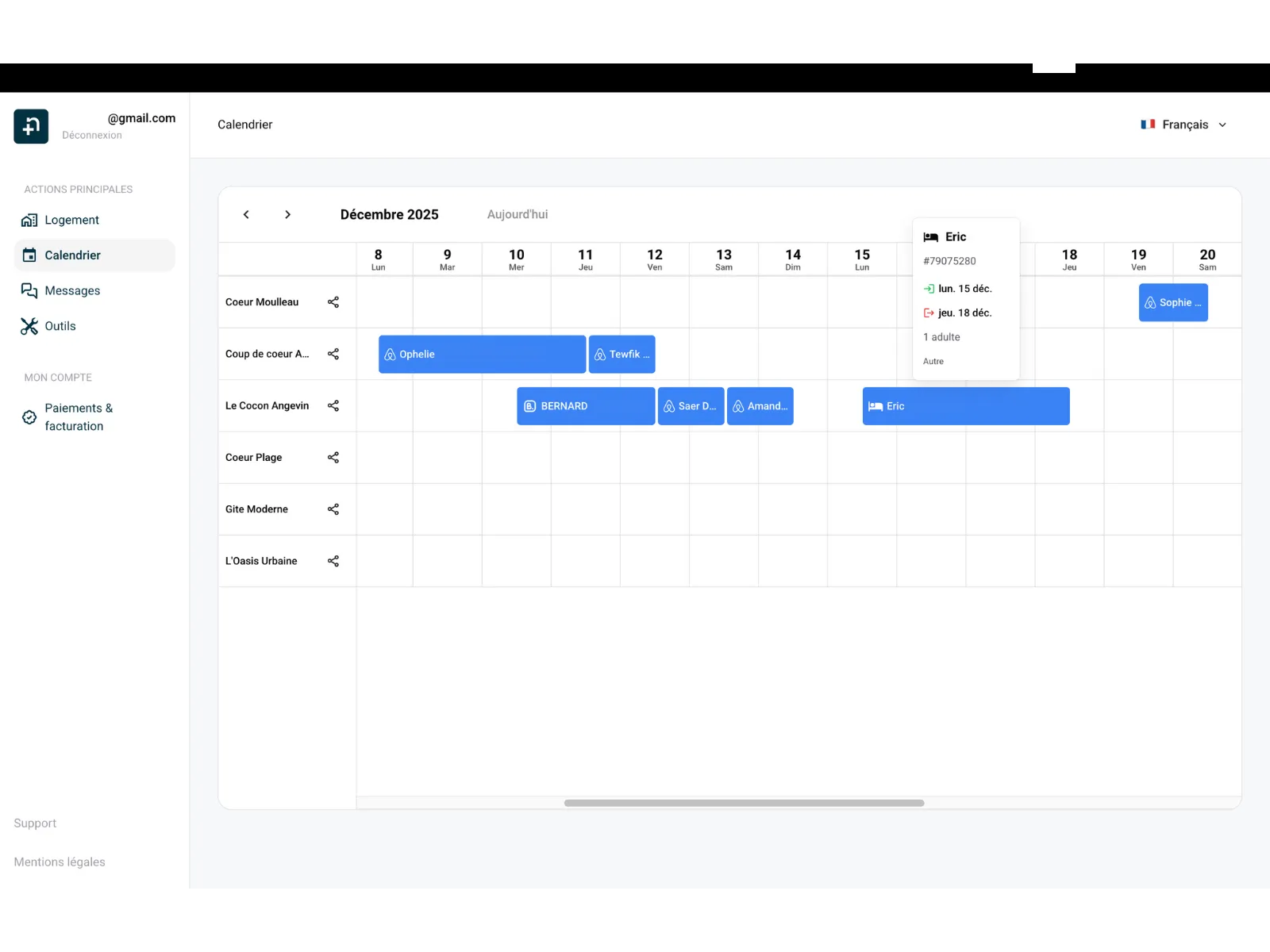 Calendrier de réservation Nowistay affichant les réservations de plusieurs plateformes