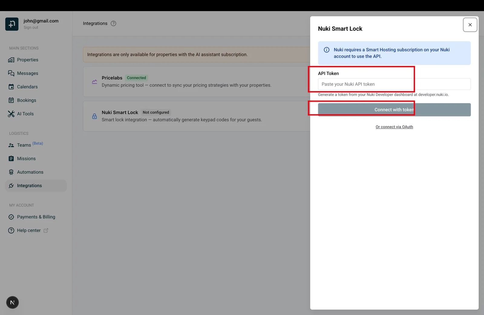 Panneau de connexion Nuki avec champ API Token