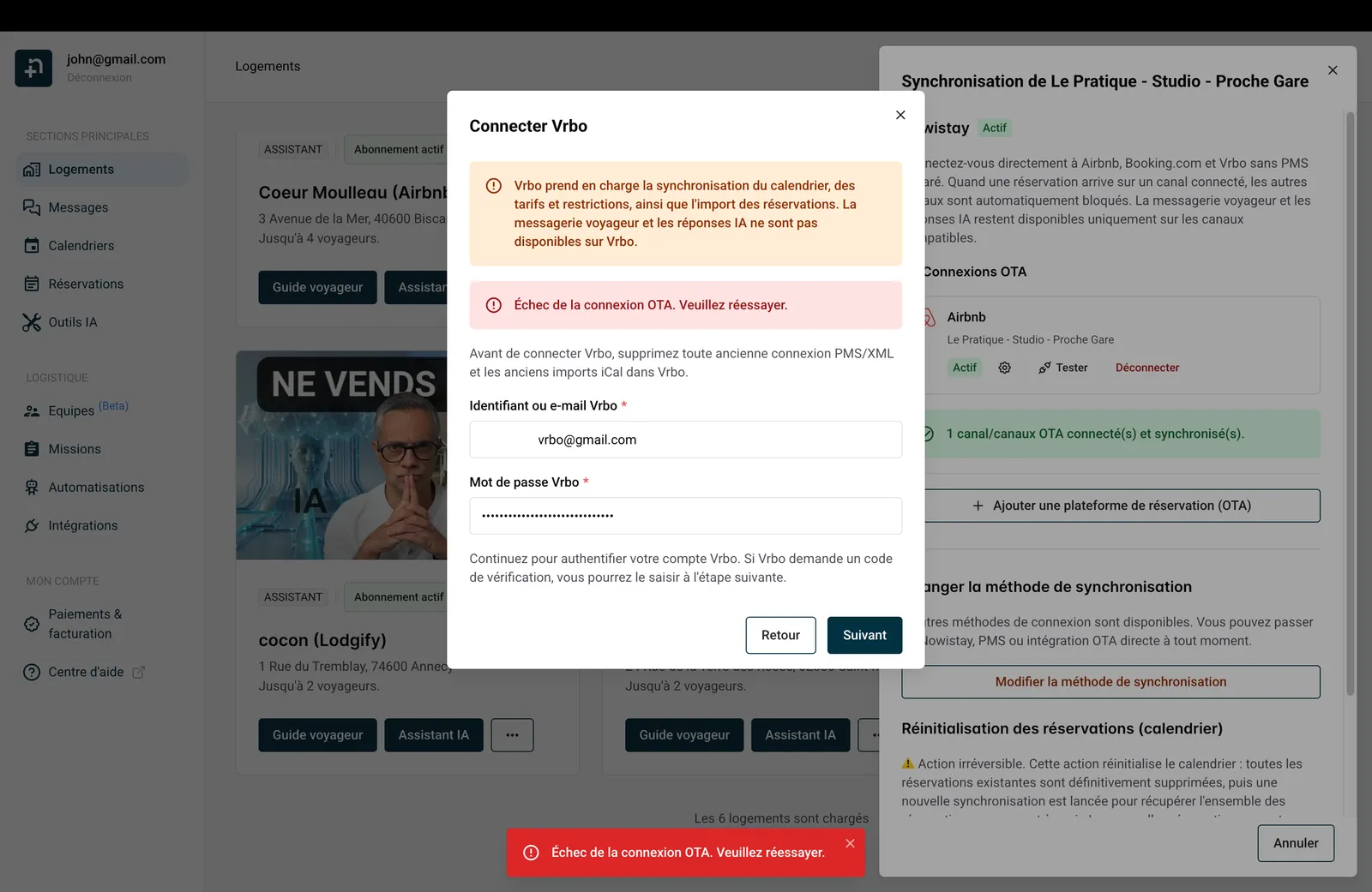 Message d’erreur de connexion : Échec de la connexion OTA. Veuillez réessayer.