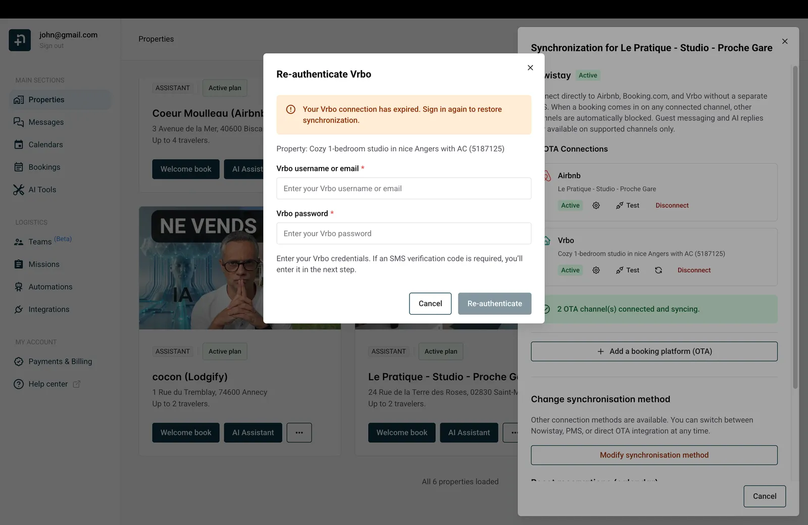Dialog zur erneuten Authentifizierung bei Vrbo mit Feldern für die Zugangsdaten und der Schaltfläche Erneut authentifizieren