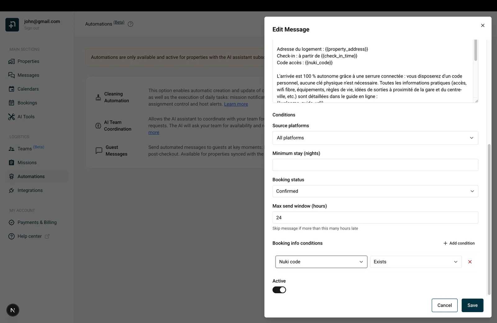 Section Conditions de l’éditeur de modèle montrant le filtre Plateformes sources avec l’option VRBO