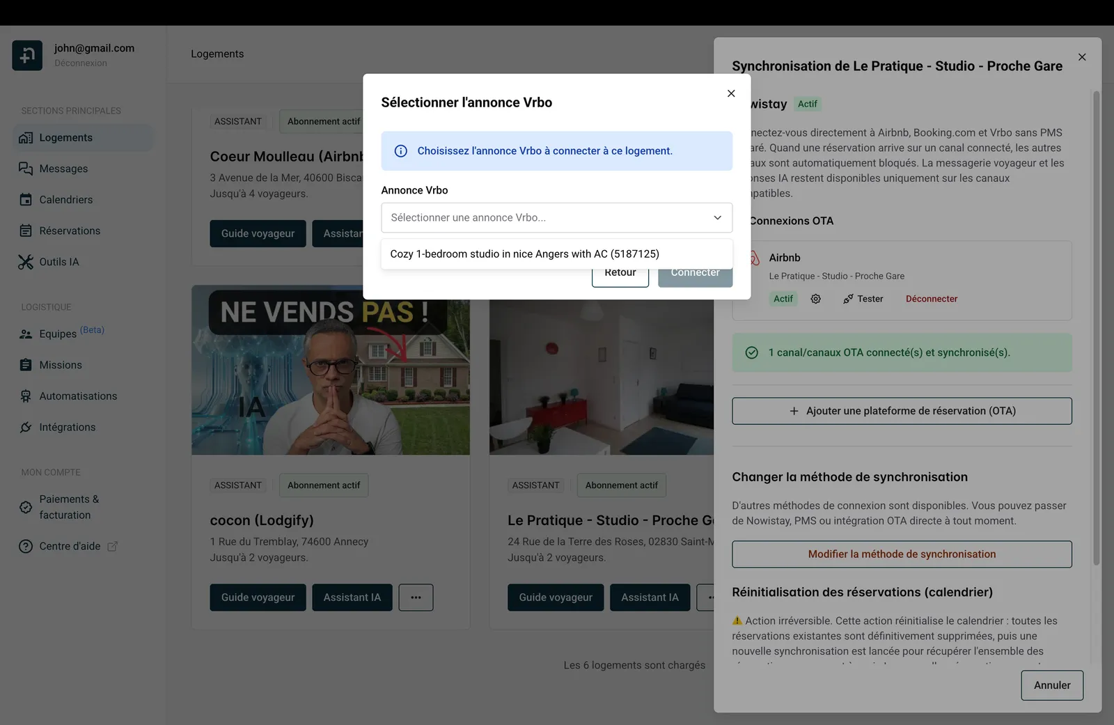 Fenêtre Sélectionner l’annonce Vrbo avec le menu déroulant ouvert