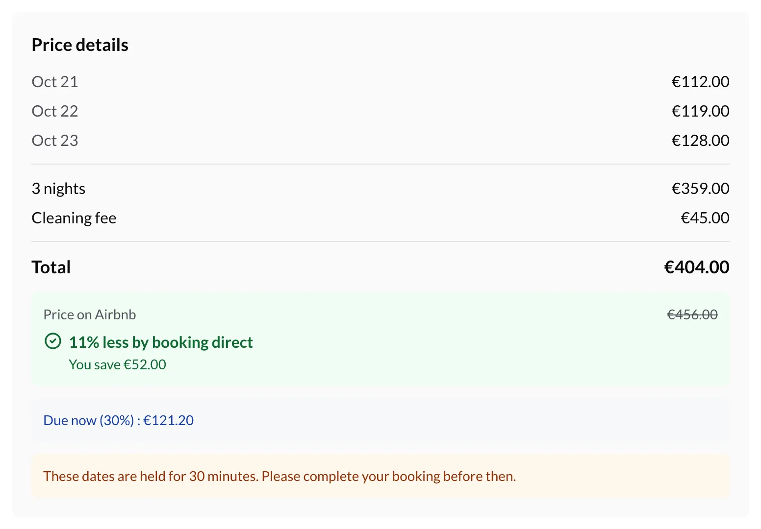 Direct booking price summary with the Airbnb price crossed out, 11% less by booking direct and You save 52 euros