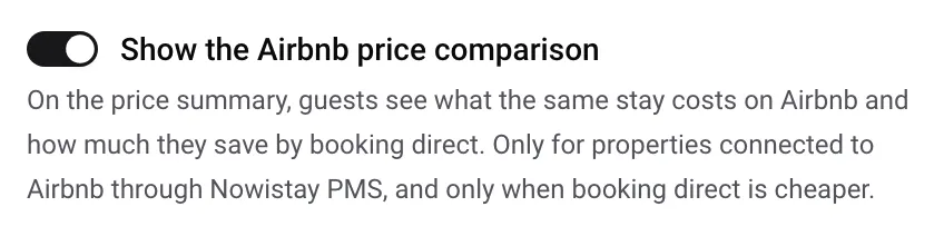 Widget Settings: the Show the Airbnb price comparison switch turned on