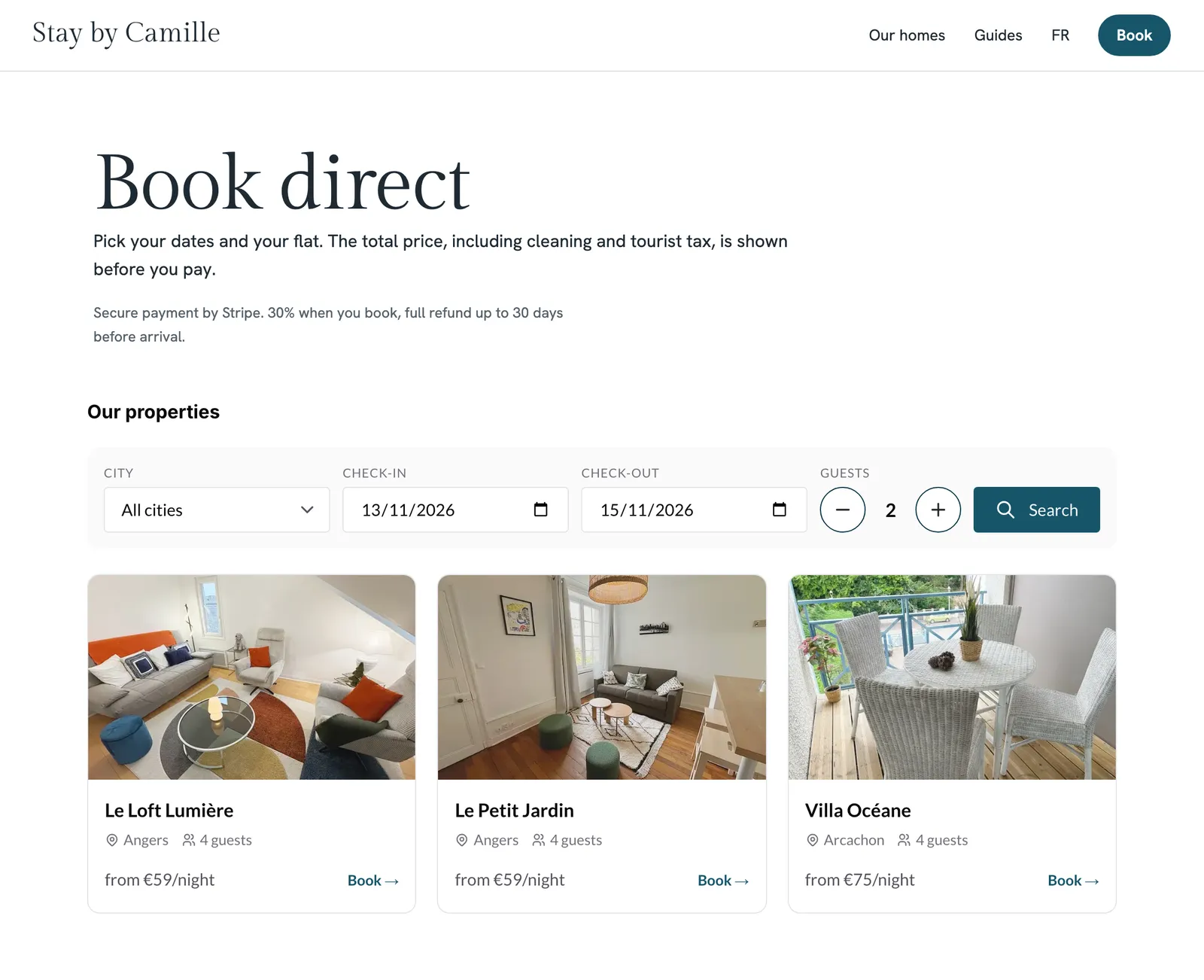 Example property website with embedded booking widget