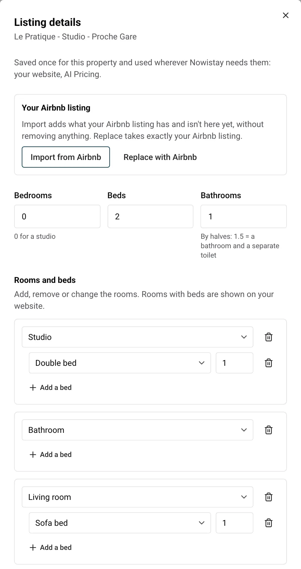 The Listing details panel with the Your Airbnb listing box, the bedrooms, beds and bathrooms, and the rooms and beds