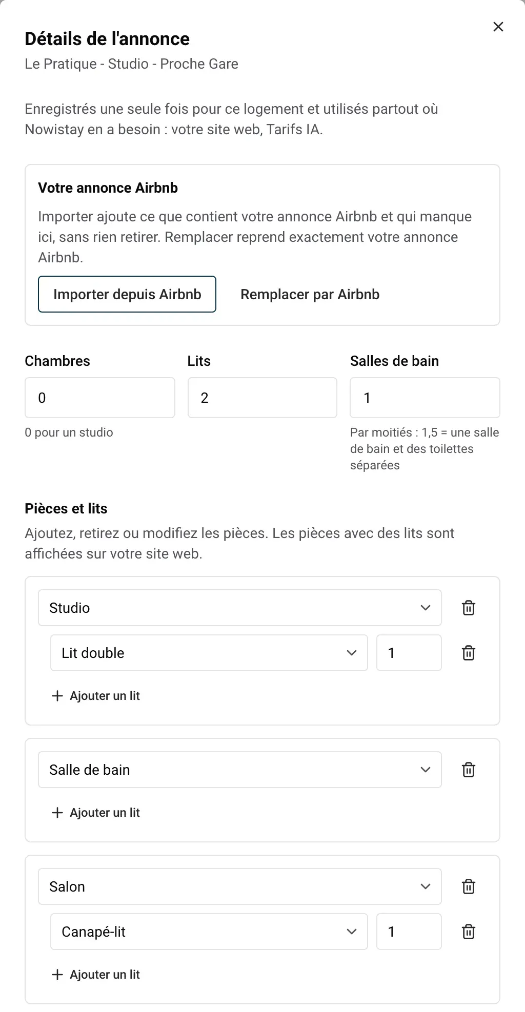 Le panneau Détails de l’annonce avec l’encadré Votre annonce Airbnb, les chambres, lits et salles de bain, et les pièces et lits