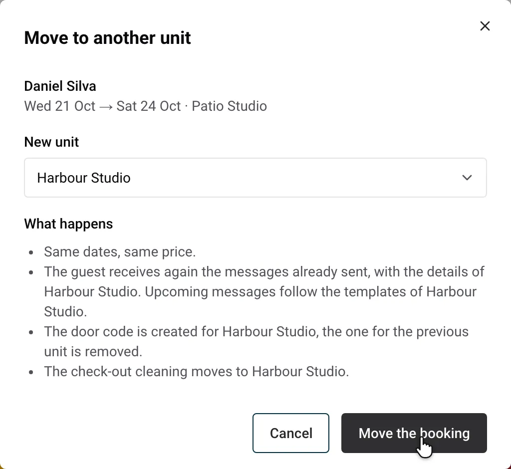 Move to another unit window: new unit, then the list of what happens to the stay