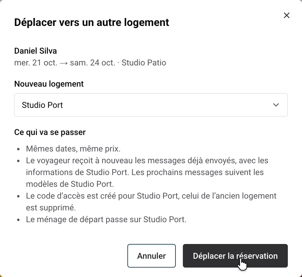 Fenêtre Déplacer vers un autre logement : le nouveau logement, puis la liste de ce qui va se passer pour le séjour