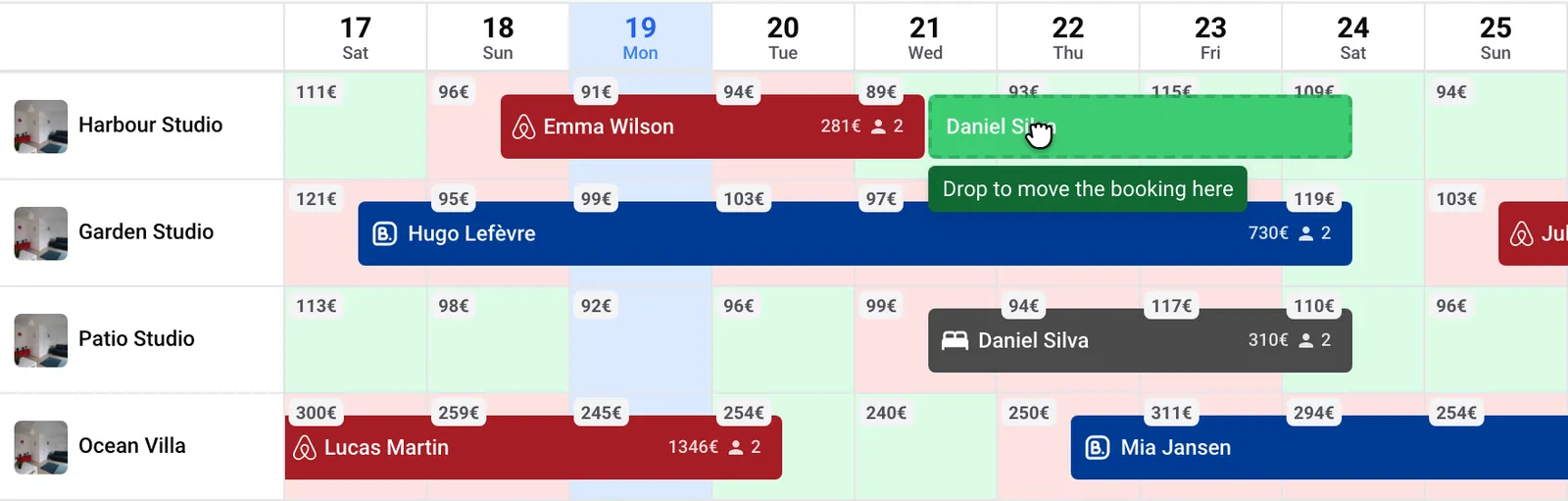 Nowistay calendar: a booking dragged onto another unit's row turns green with the hint Drop to move the booking here