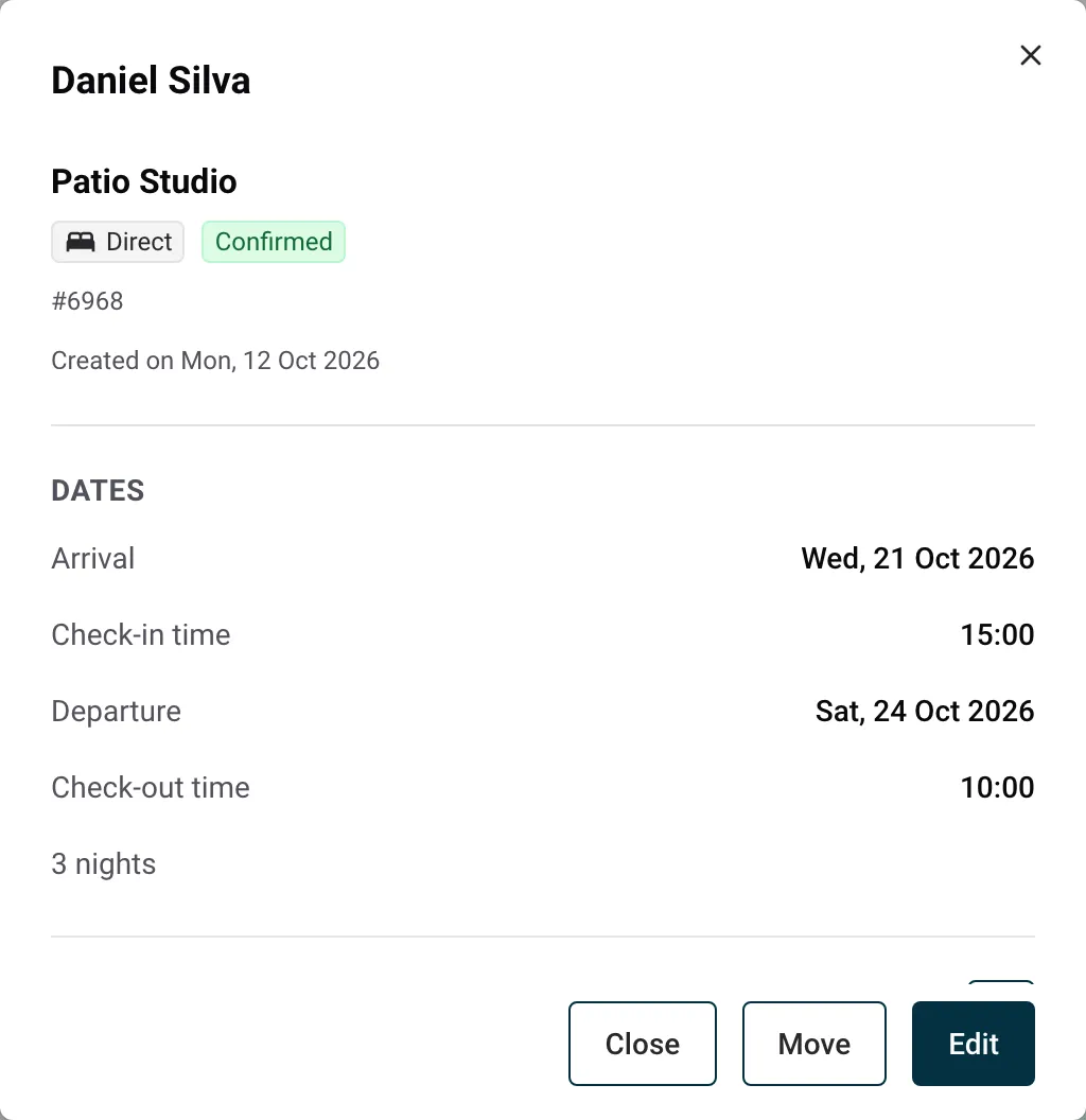 Booking details in Nowistay with the Move button at the bottom, next to Close and Edit