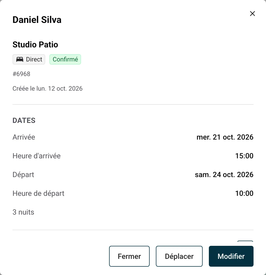 Détail d'une réservation dans Nowistay avec le bouton Déplacer en bas, entre Fermer et Modifier