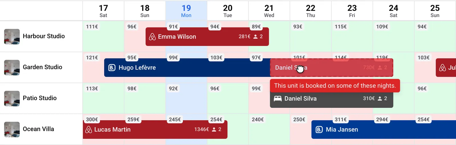 Nowistay calendar: the dragged booking turns red over a unit already booked on those nights