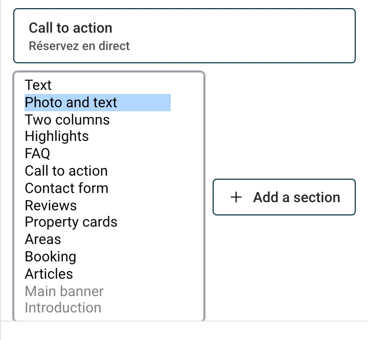 The list of block types open under Add a section