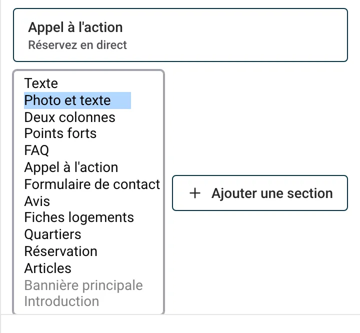 La liste des types de blocs ouverte sous Ajouter une section