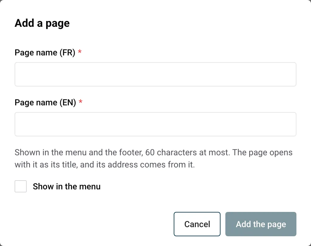 The Add a page window with the page name, Show in the menu and Add the page