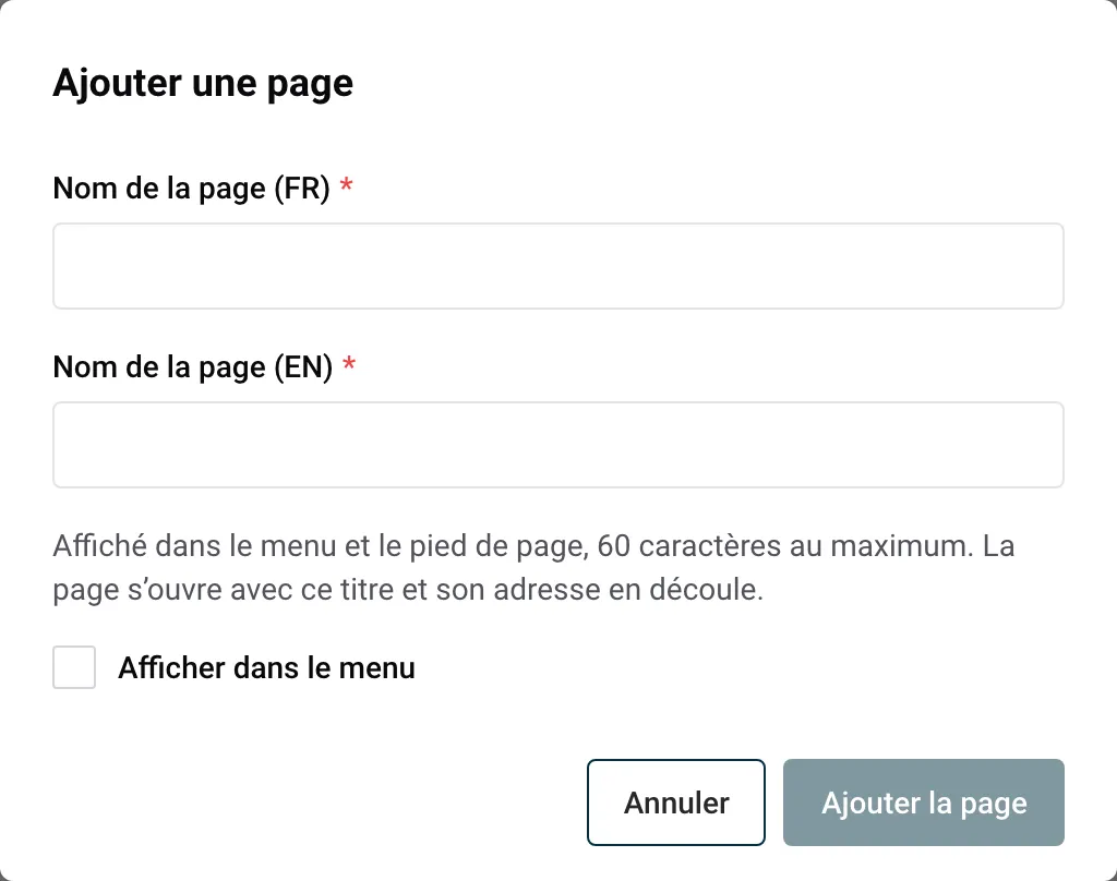 La fenêtre Ajouter une page avec le nom de la page, Afficher dans le menu et Ajouter la page