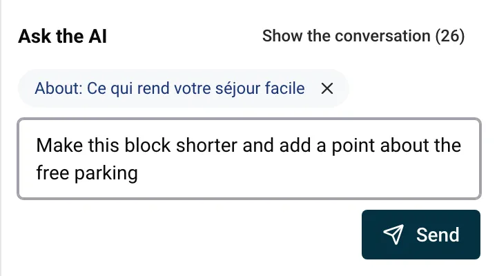 A block selected in the preview and its chip in the AI box