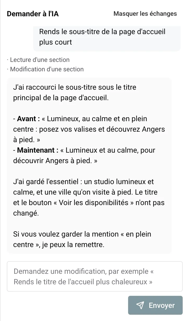 Le chat IA de l’éditeur de site avec une demande et la réponse de l’IA